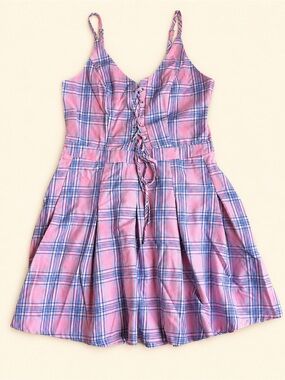 Hot Topic Pink Plaid Lace Up Skater Dress LG Y2K Grunge Goth Coquette
